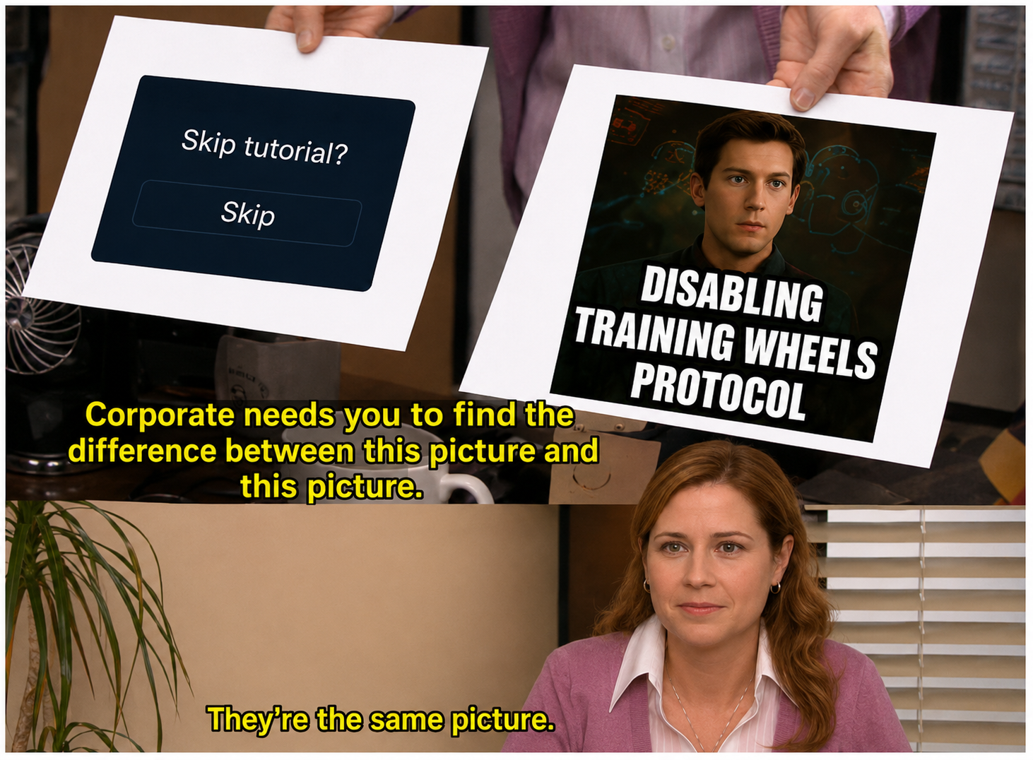 Meme comparing skipping a tutorial with disabling Spider-Man's training wheels protocol