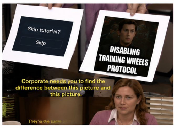 A meme comparing skipping a product tutorial with disabling Spider-Man's training wheels protocol